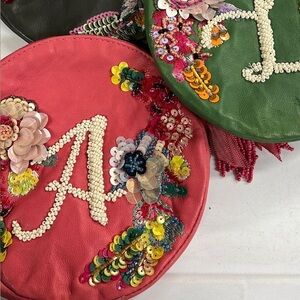 ‘A’ Anthropologie Leather Beaded Monogrammed Coin Pouch with Tassel